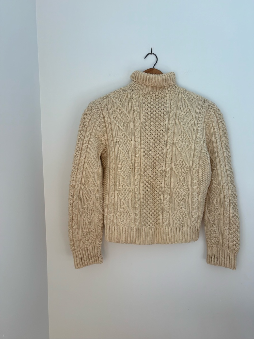 Hand knit wool fisherman turtleneck sweater cream Aran sweater